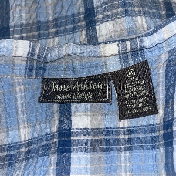90's Vintage Jane Ashley Baby Blue Scrunch Cotton Plaid Button Down Blouse - Picture 4 of 4